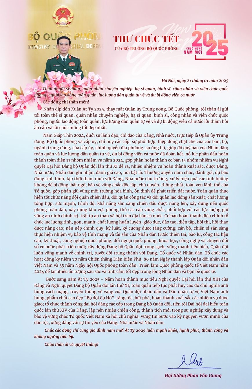 Bộ trưởng Bộ Quốc phòng gửi thư chúc Tết cán bộ, chiến sĩ toàn quân