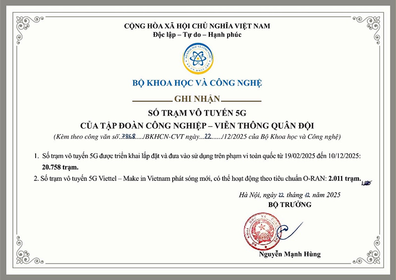 Bộ Khoa học v&agrave; C&ocirc;ng nghệ ghi nhận Viettel ho&agrave;n th&agrave;nh cam kết triển khai mạng 5G