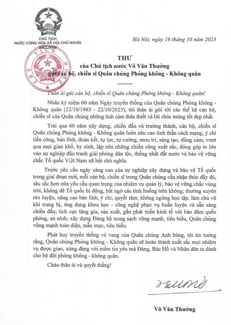 Thư của Chủ tịch nước Võ Văn Thưởng gửi cán bộ, chiến sĩ Quân chủng Phòng không - Không quân